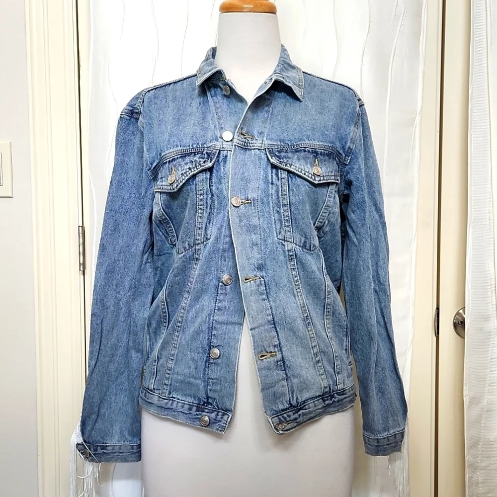 NWT Elia Cher Denim White Fringe Jacket